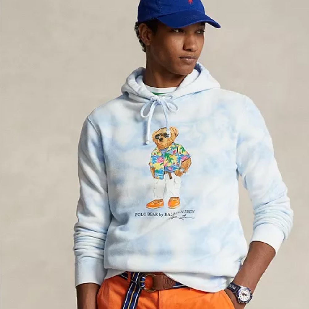 Men’s Sz L Polo by Ralph Lauren Blue Tie-Dye Bear Hoodie NWOT